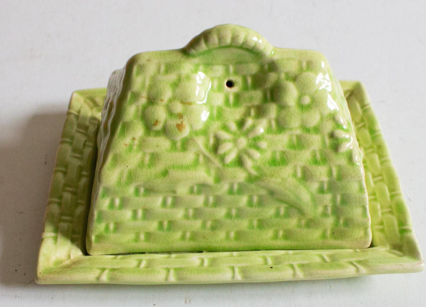 Vintage Majolica Basket Weave Butter Dish