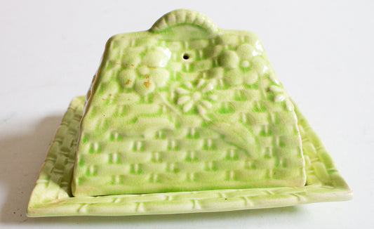 Vintage Majolica Basket Weave Butter Dish