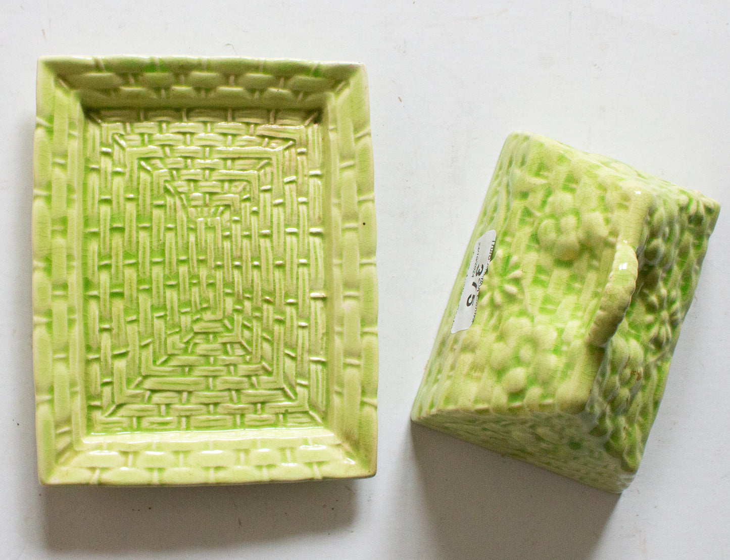 Vintage Majolica Basket Weave Butter Dish