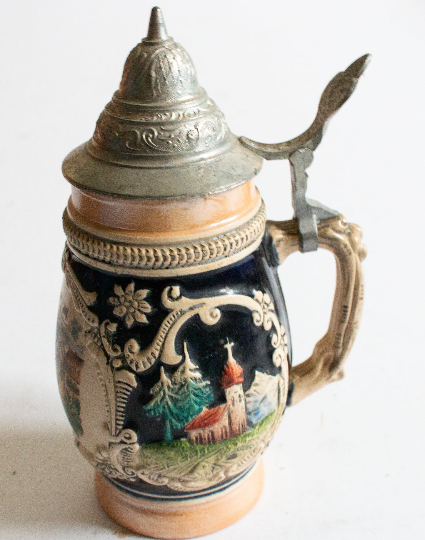 Mid Century German Beer Stein Tankard with Original Pewter Lid