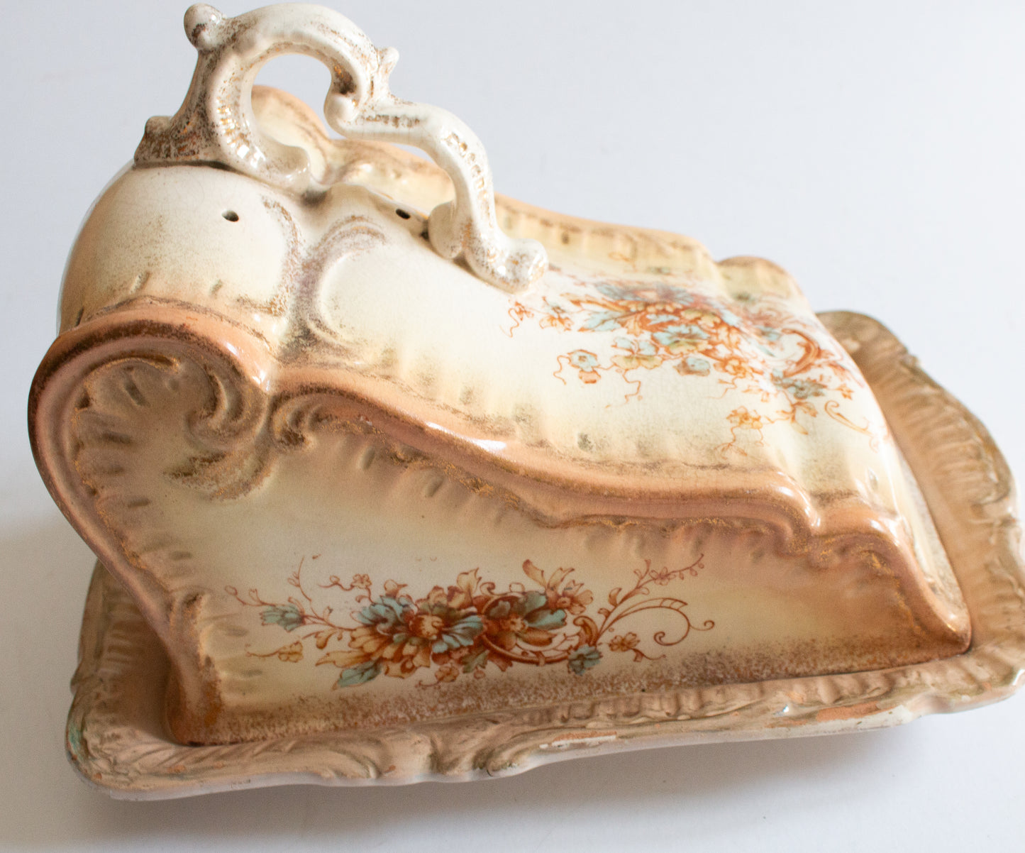 Large Blushware Victorian Cheese Dish with Moulded and Floral Details,