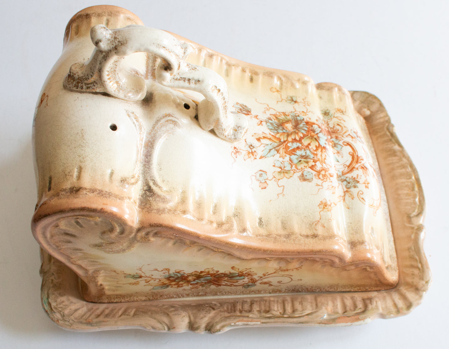 Large Blushware Victorian Cheese Dish with Moulded and Floral Details,