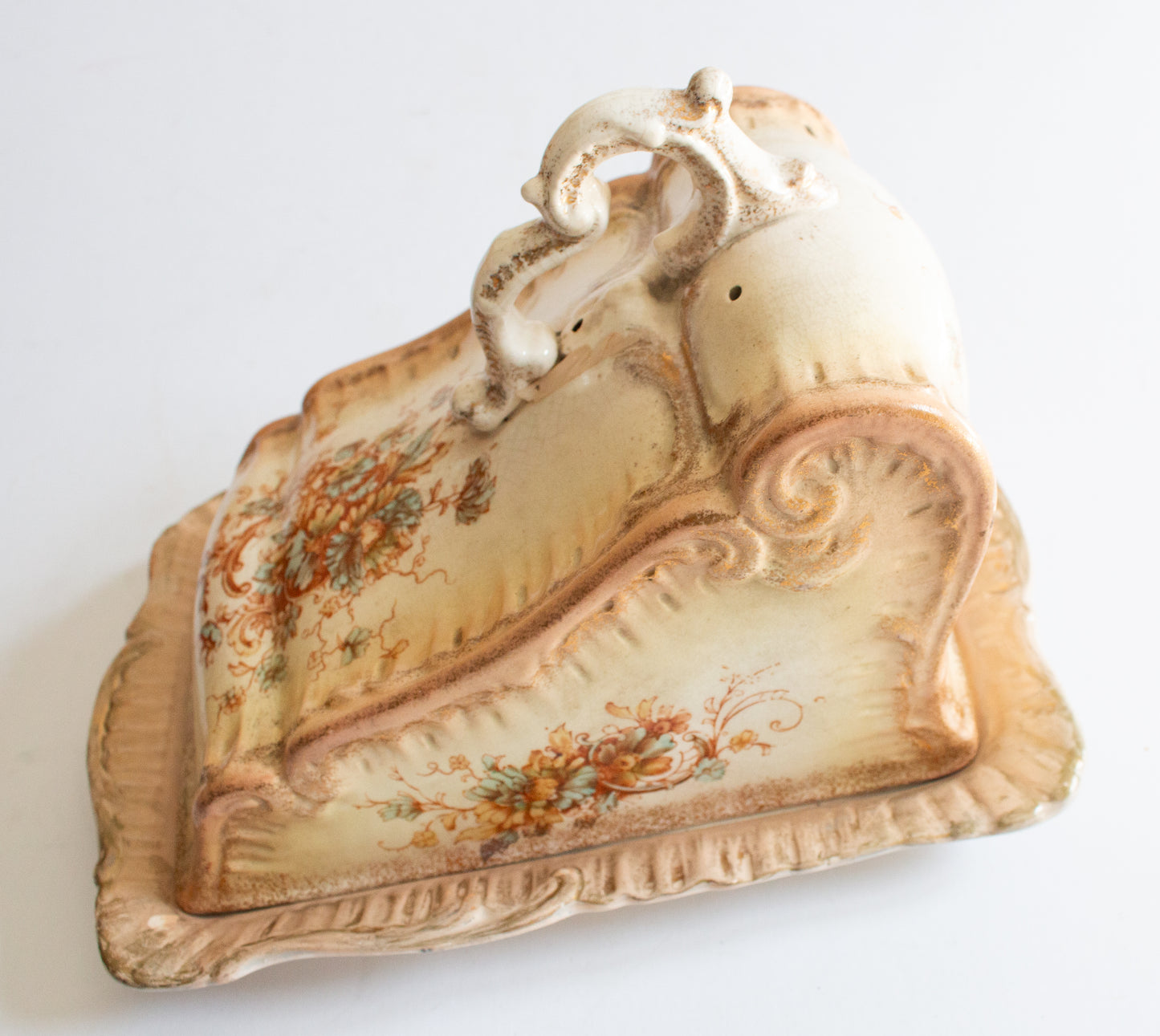 Large Blushware Victorian Cheese Dish with Moulded and Floral Details,