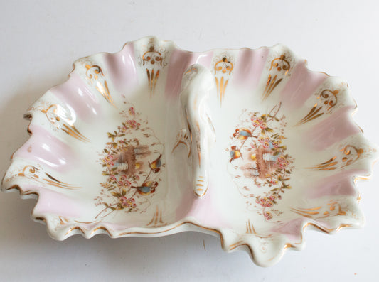 Antique KPM China Germany Double Serving Dish with Moulded Handles and Hand Painted Details