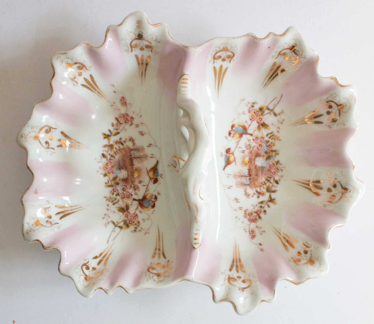 Antique KPM China Germany Double Serving Dish with Moulded Handles and Hand Painted Details