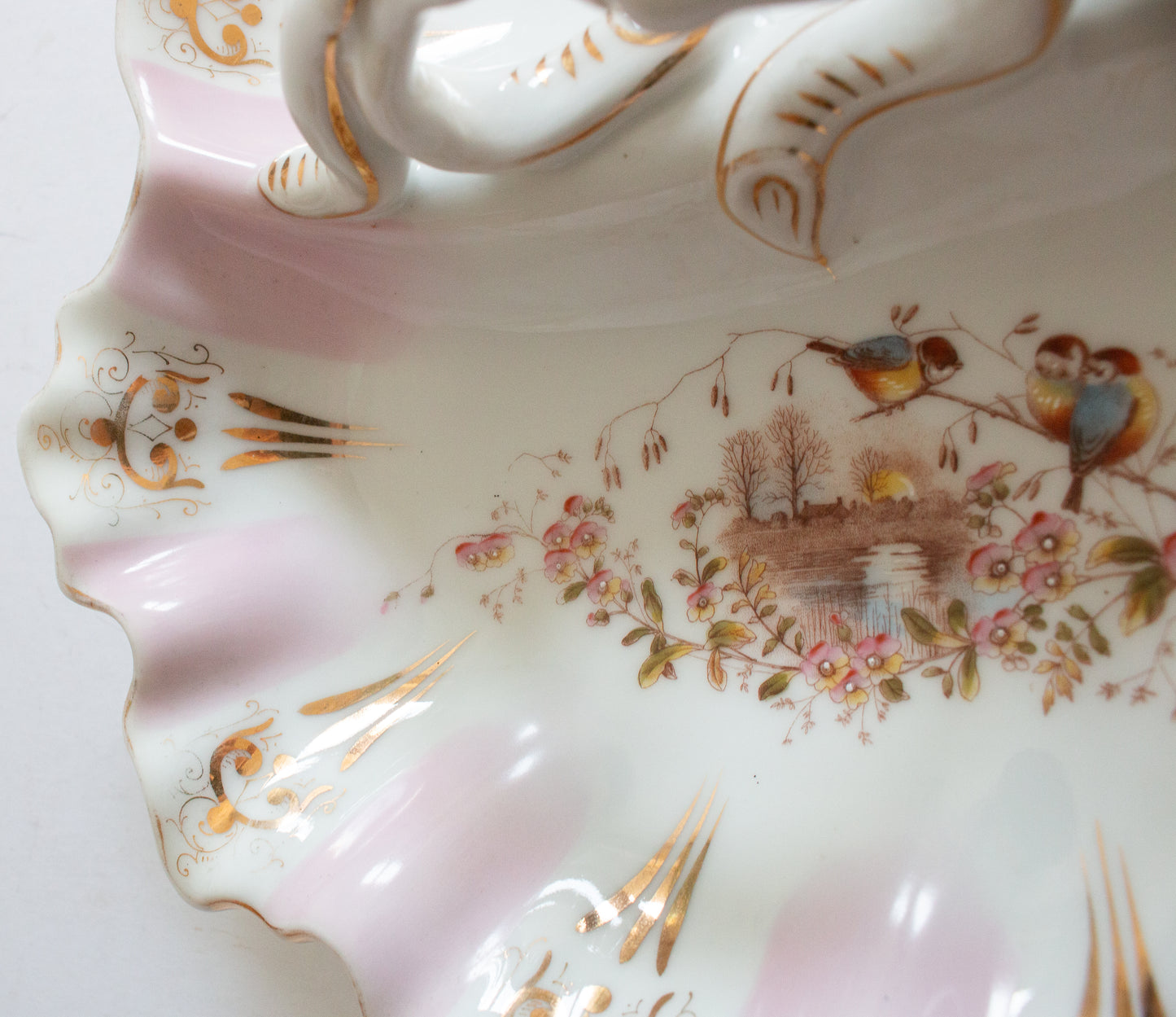 Antique KPM China Germany Double Serving Dish with Moulded Handles and Hand Painted Details