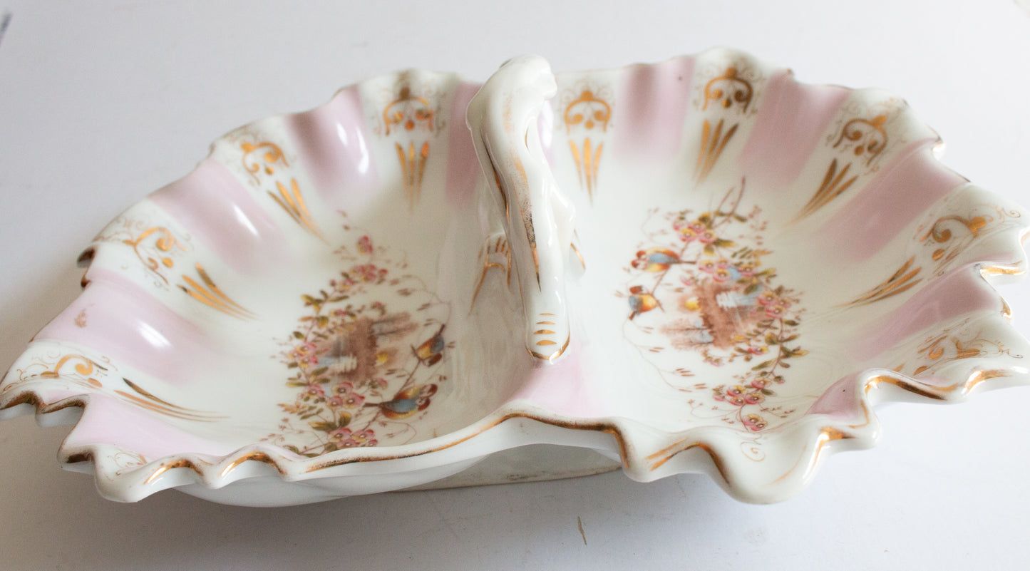 Antique KPM China Germany Double Serving Dish with Moulded Handles and Hand Painted Details