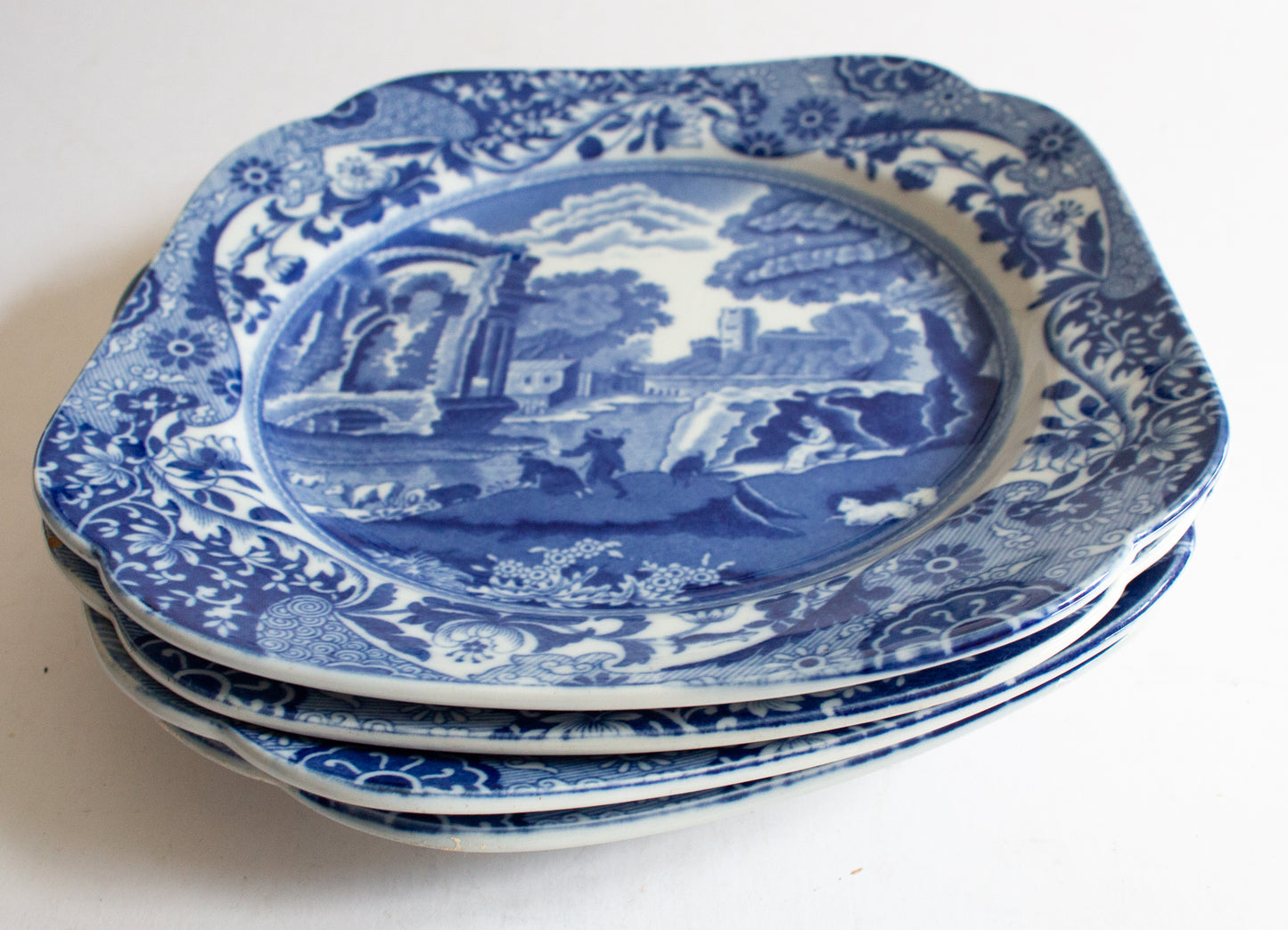 Spode 'Italian' Blue and White Transferware 8.75" Square Plates (4)