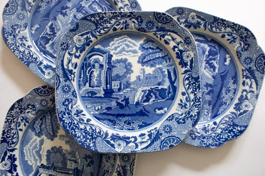 Spode 'Italian' Blue and White Transferware 8.75" Square Plates (4)