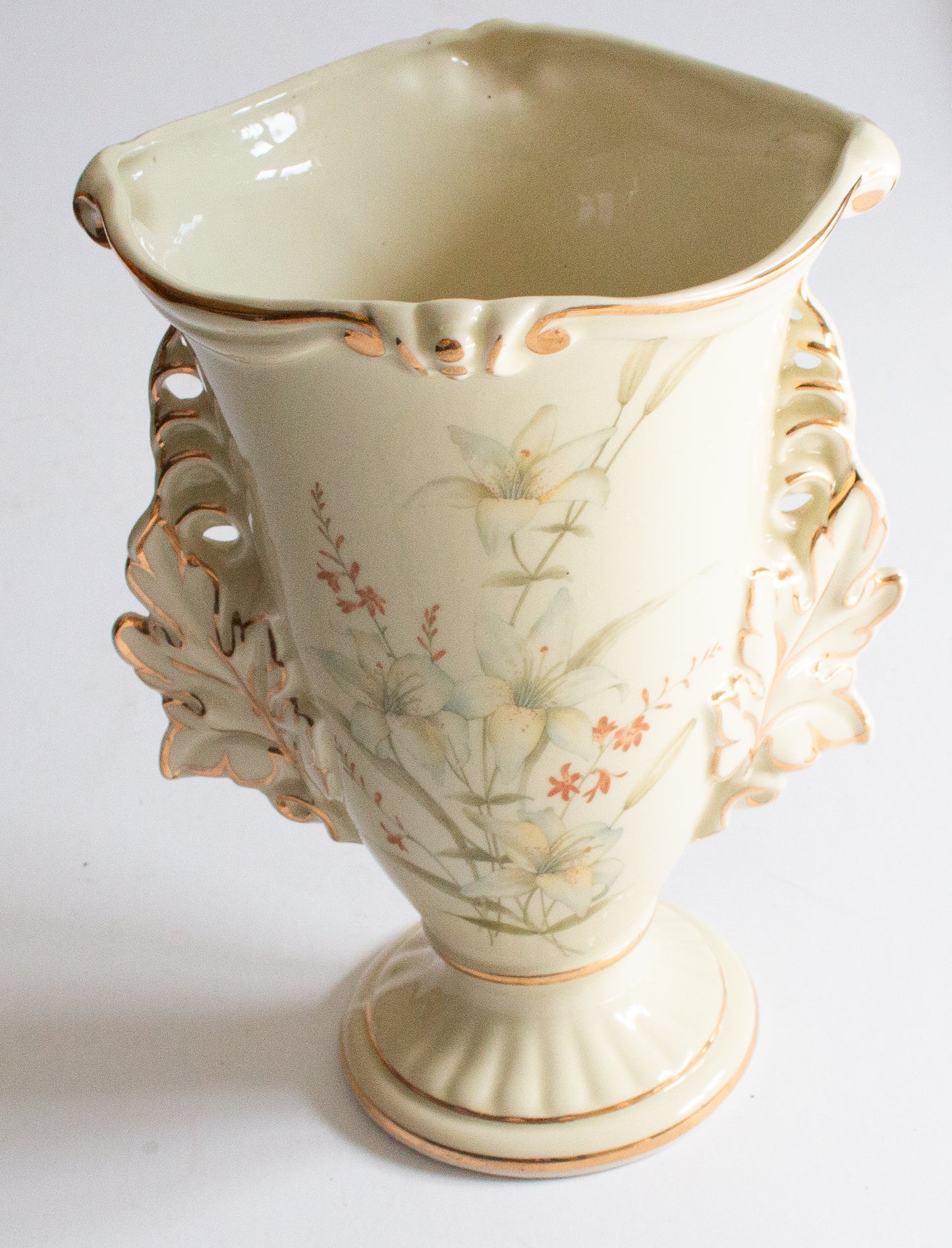 Crown Devon Vase with Floral Print Detail and Moulded Handles