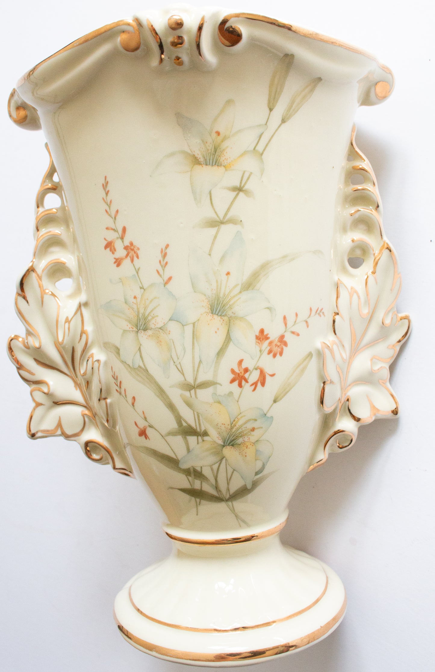 Crown Devon Vase with Floral Print Detail and Moulded Handles