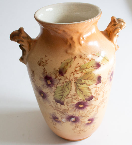 Crown Devon Fieldings Blushware Vase with Floral Detail and Moulded Handles