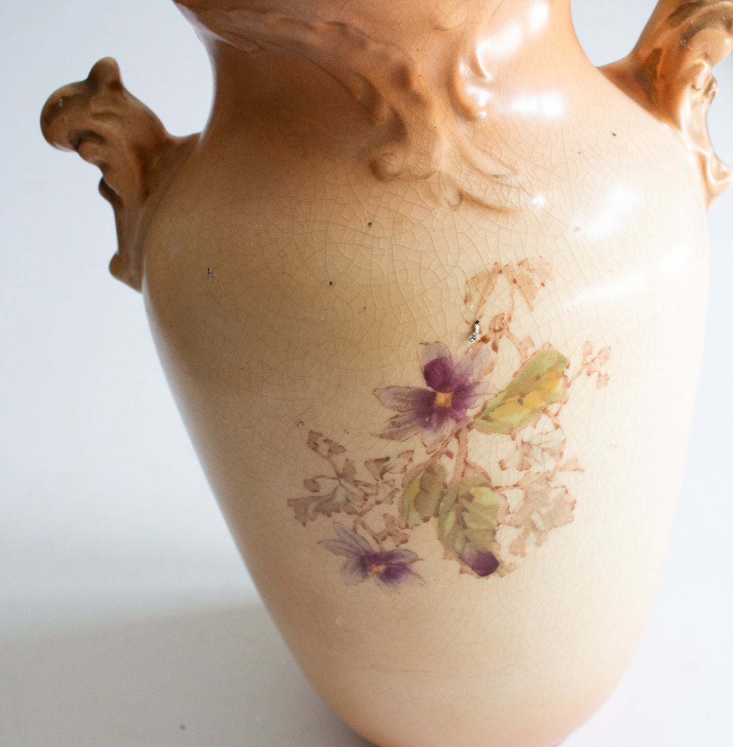 Crown Devon Fieldings Blushware Vase with Floral Detail and Moulded Handles