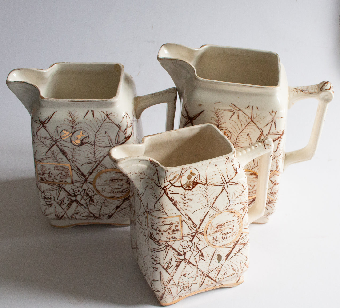 Antique Brown Transferware Graduated Jugs (3)