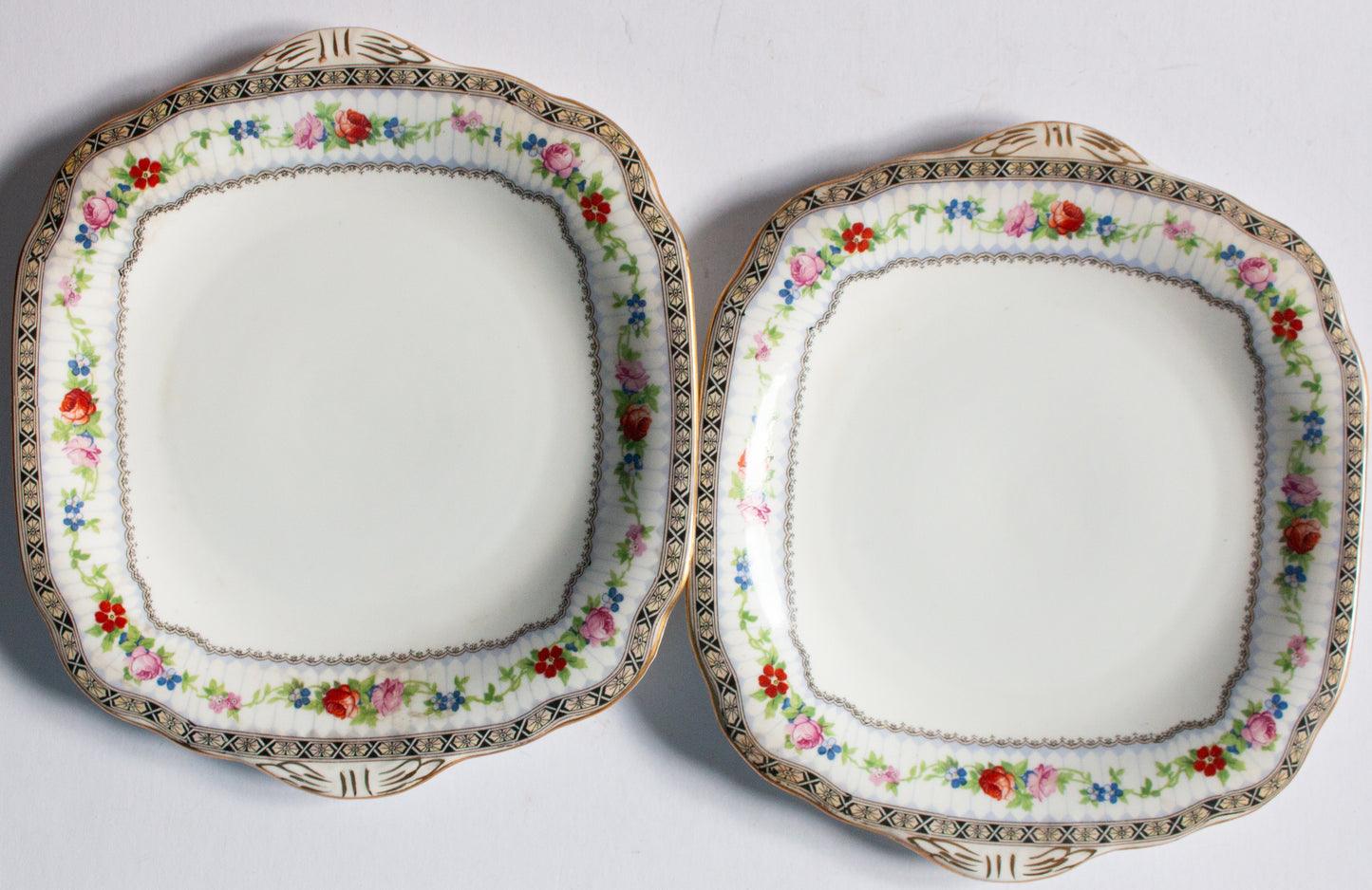 Grosvenor China 'Ye Olde English' Pattern Square Sandwich or Serving Plates with Gilt Detail and Moulded Handles (2)