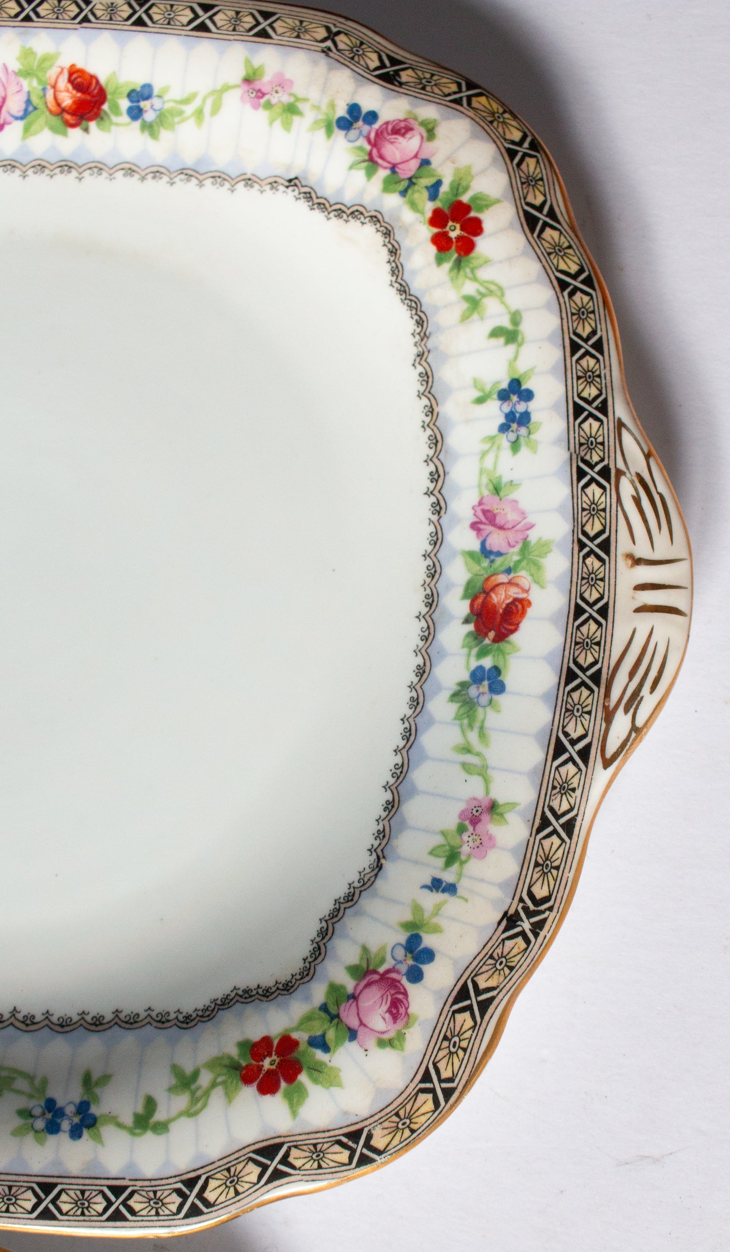 Grosvenor China 'Ye Olde English' Pattern Square Sandwich or Serving Plates with Gilt Detail and Moulded Handles (2)