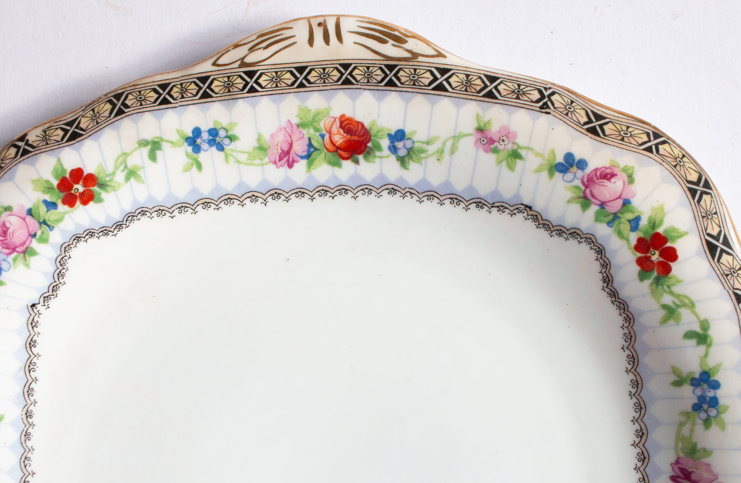 Grosvenor China 'Ye Olde English' Pattern Square Sandwich or Serving Plates with Gilt Detail and Moulded Handles (2)