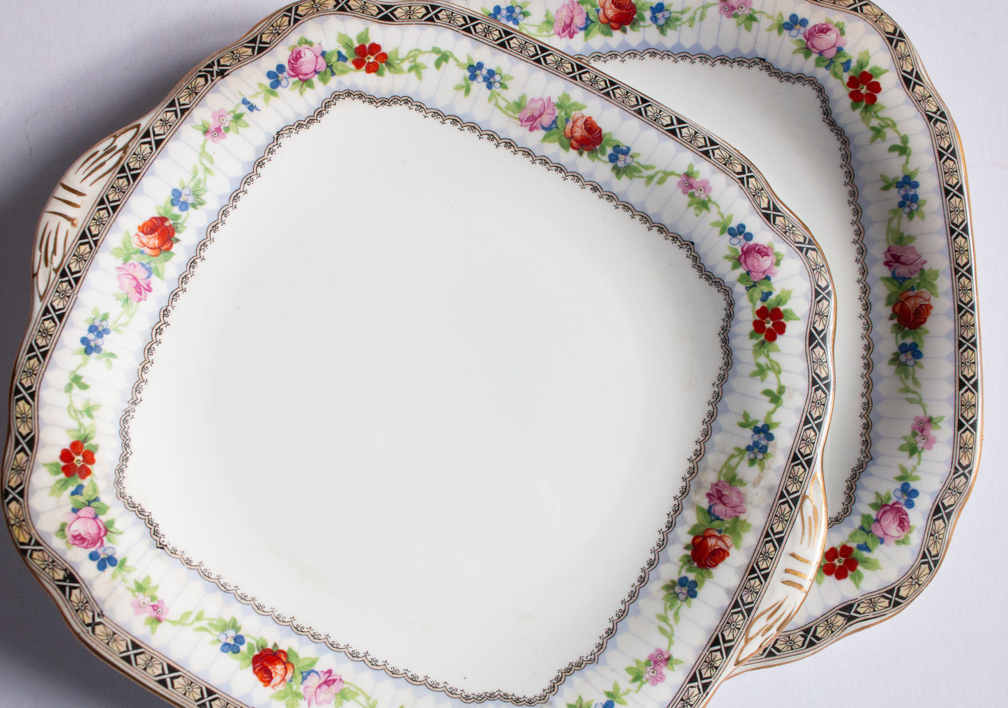 Grosvenor China 'Ye Olde English' Pattern Square Sandwich or Serving Plates with Gilt Detail and Moulded Handles (2)