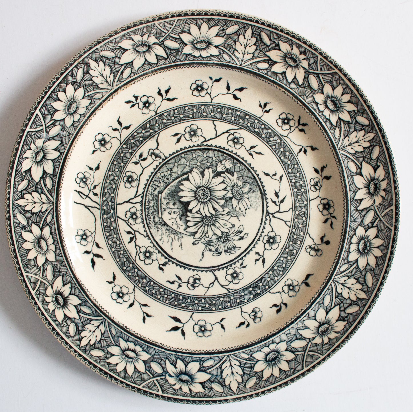 Antique Staffordshire Sampson & Hancock Blue Black Transferware 'Palmyra' Pattern 10.5" Dinner Plate