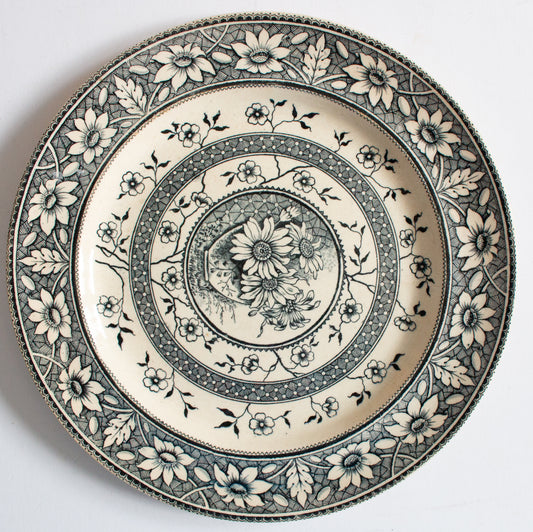 Antique Staffordshire Sampson & Hancock Blue Black Transferware 'Palmyra' Pattern 10.5" Dinner Plate