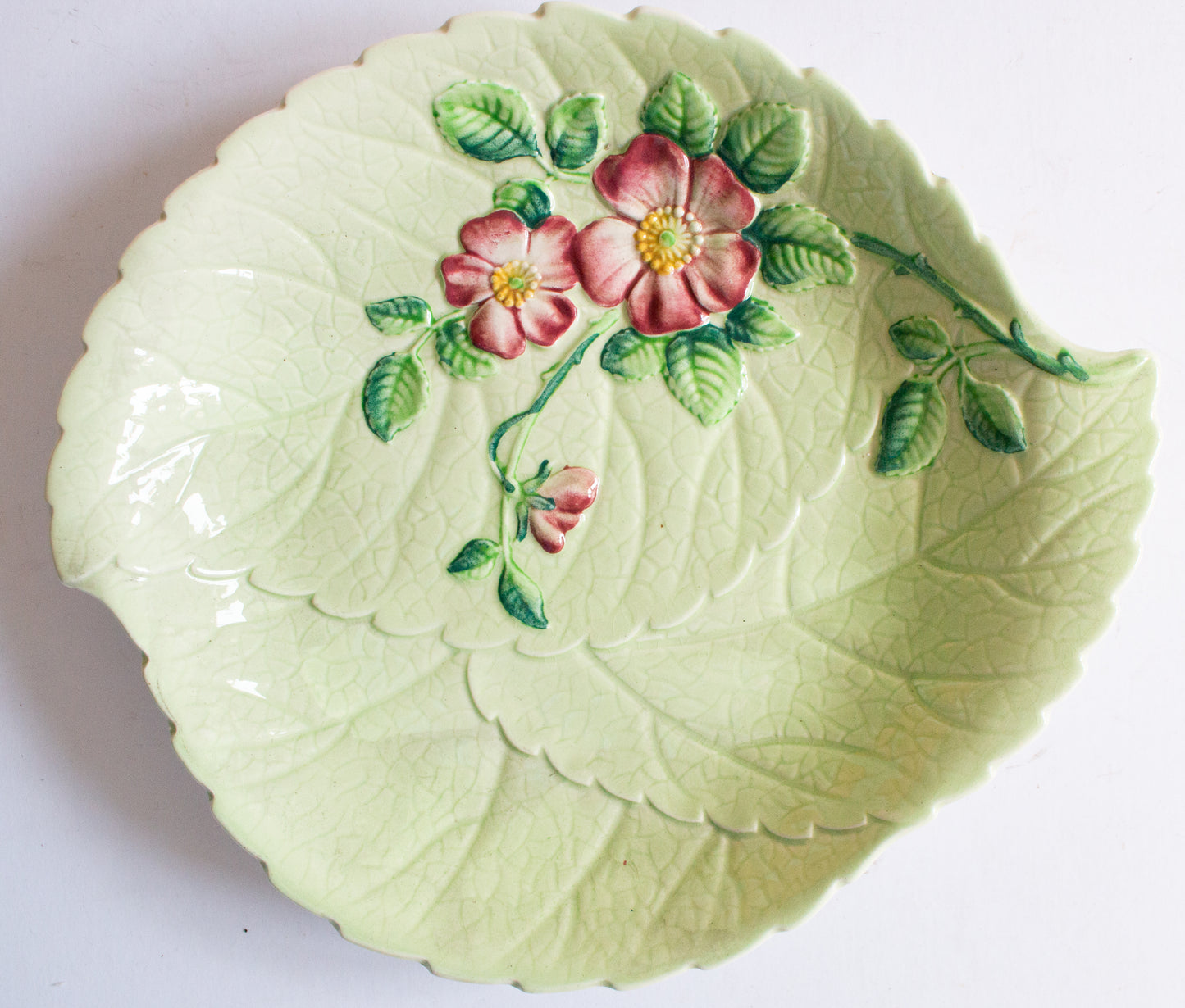 Carlton Ware Green Majolica Leaf Pink Floral Serving Dish