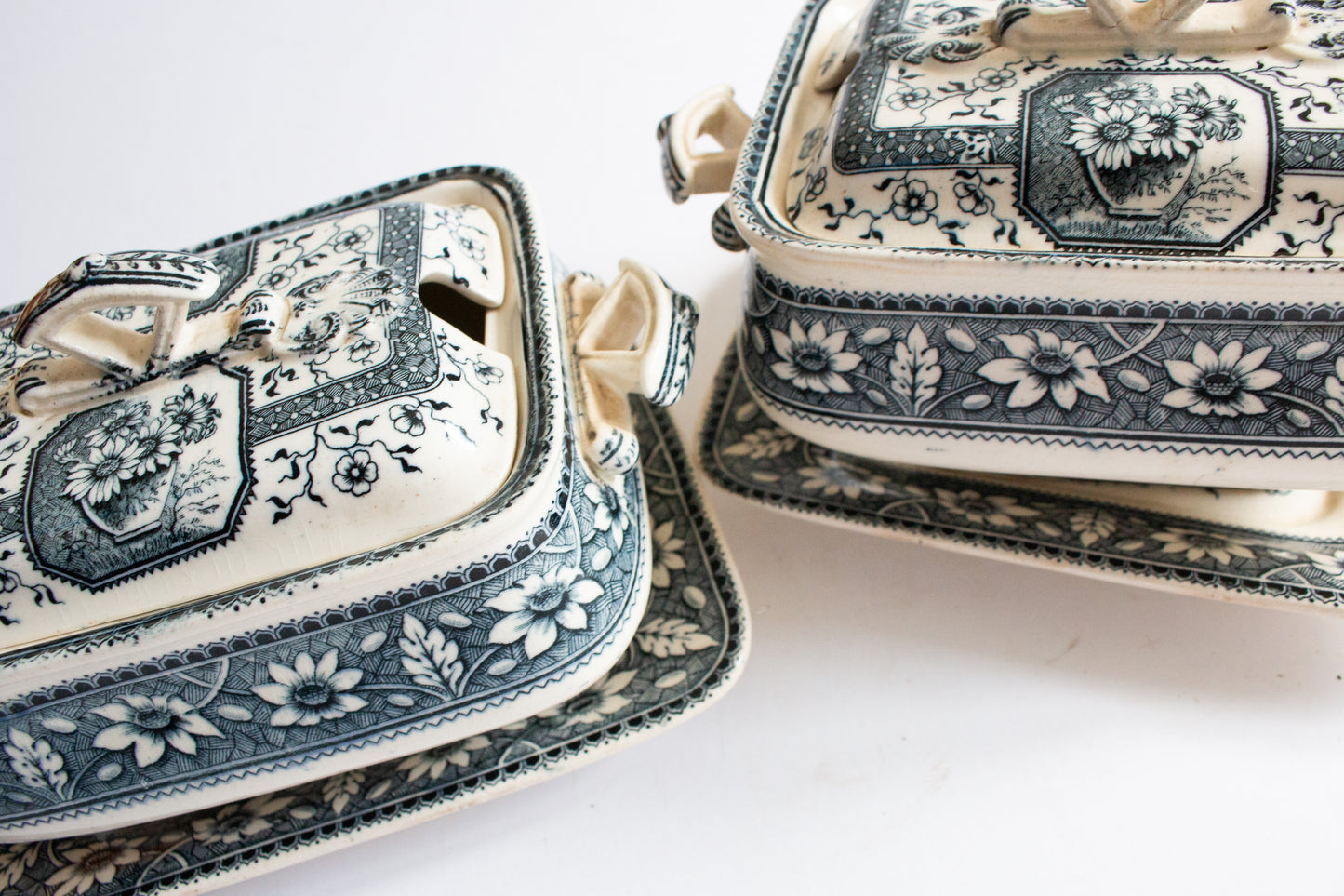 Antique Staffordshire Sampson & Hancock Blue Black Transferware 'Palmyra' Pattern Small Lidded Tureens with Original Bases (2)