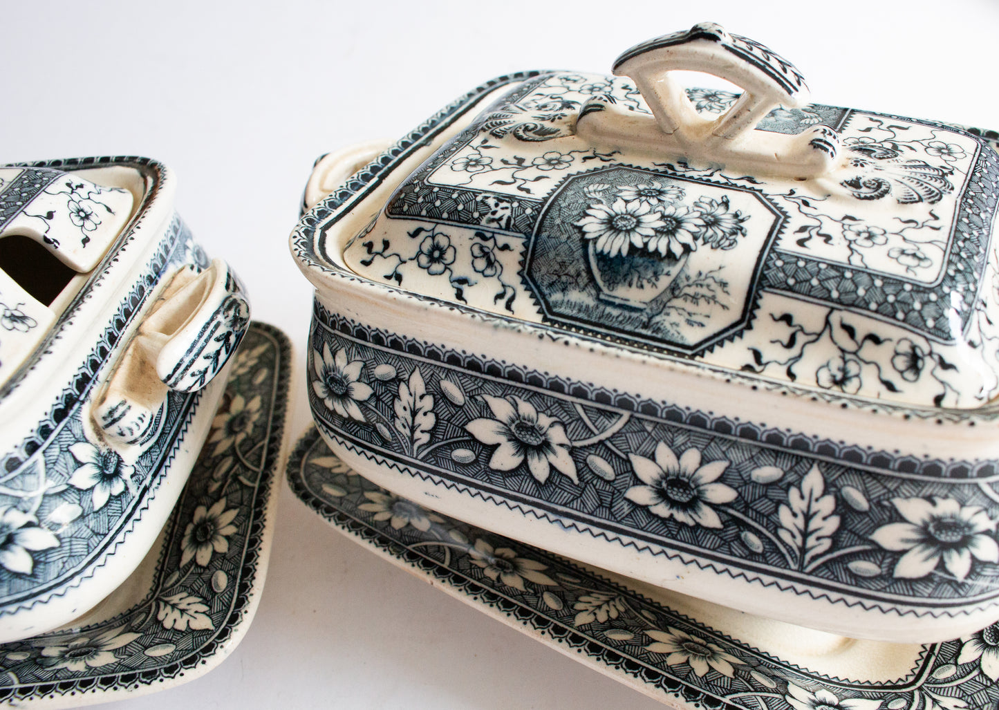 Antique Staffordshire Sampson & Hancock Blue Black Transferware 'Palmyra' Pattern Small Lidded Tureens with Original Bases (2)