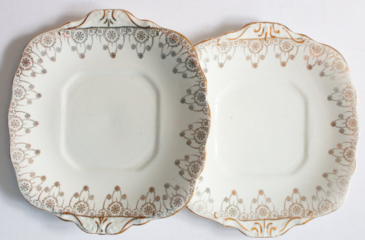 Sutherland Bone China 'Pendant' Pattern Square Sandwich or Serving Plates with Gilt Detail and Moulded Handles (2)