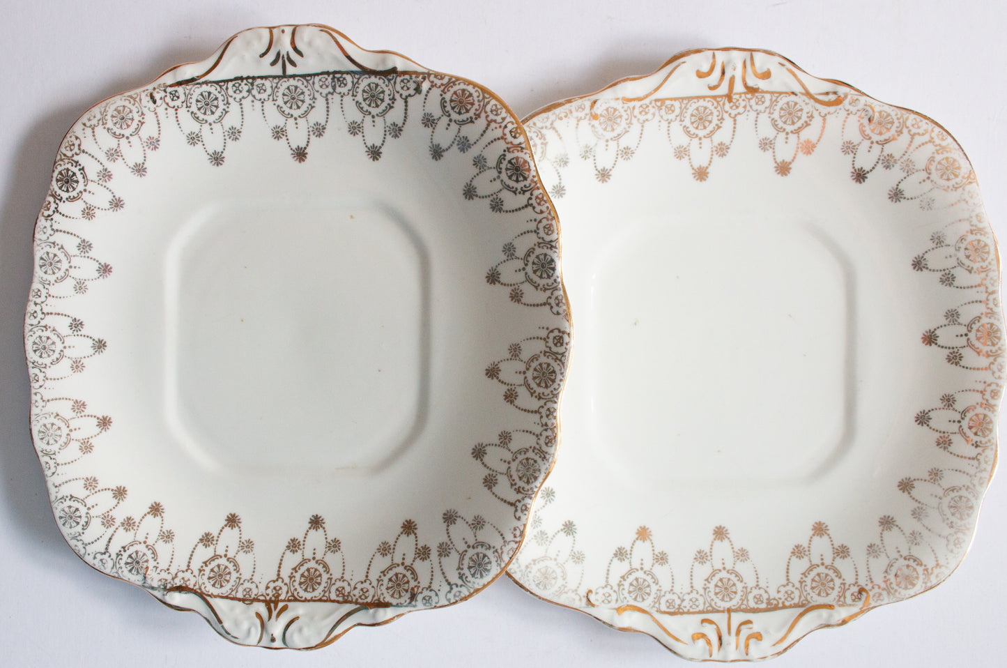 Sutherland Bone China 'Pendant' Pattern Square Sandwich or Serving Plates with Gilt Detail and Moulded Handles (2)