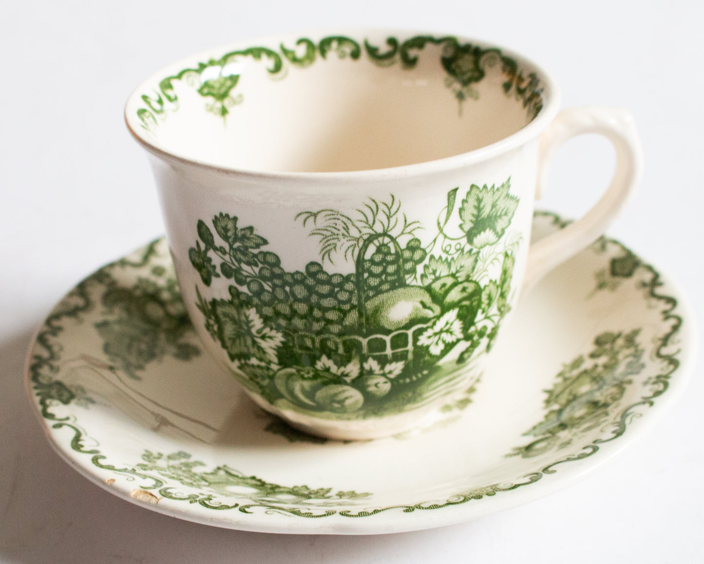 Masons Ironstone 'Fruit Basket' Pattern Green and White Transferware Teacup and Saucer