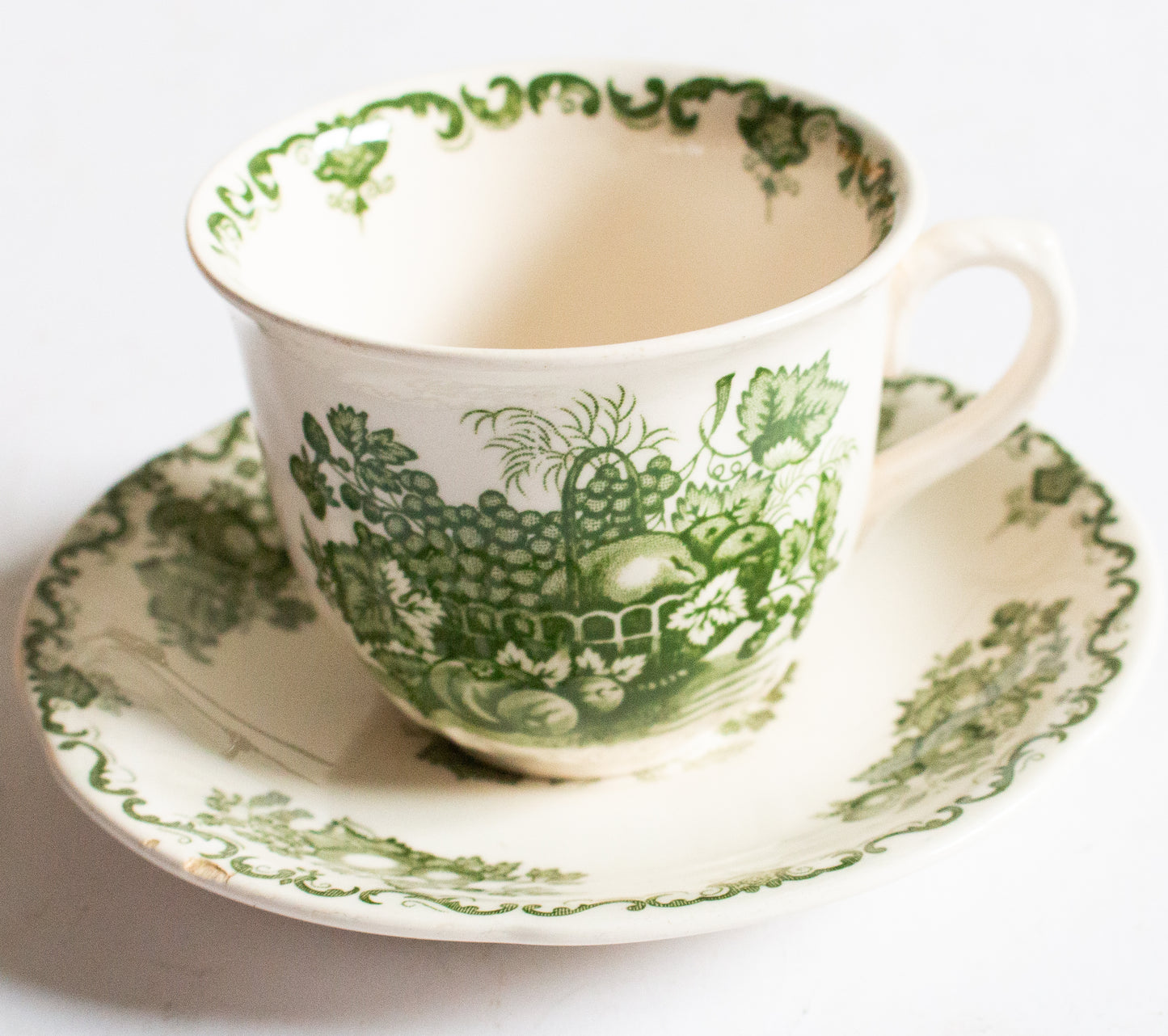 Masons Ironstone 'Fruit Basket' Pattern Green and White Transferware Teacup and Saucer