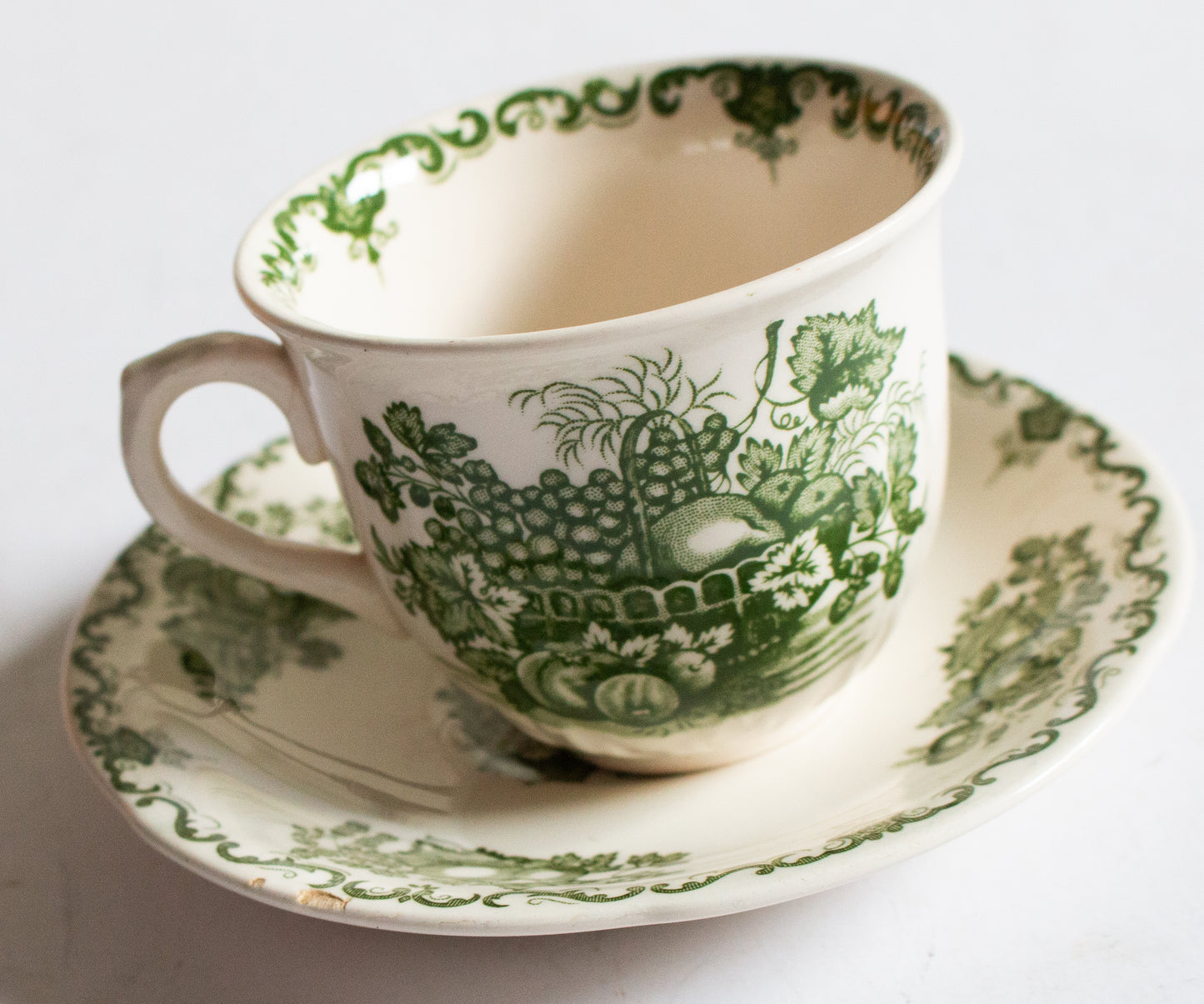 Masons Ironstone 'Fruit Basket' Pattern Green and White Transferware Teacup and Saucer