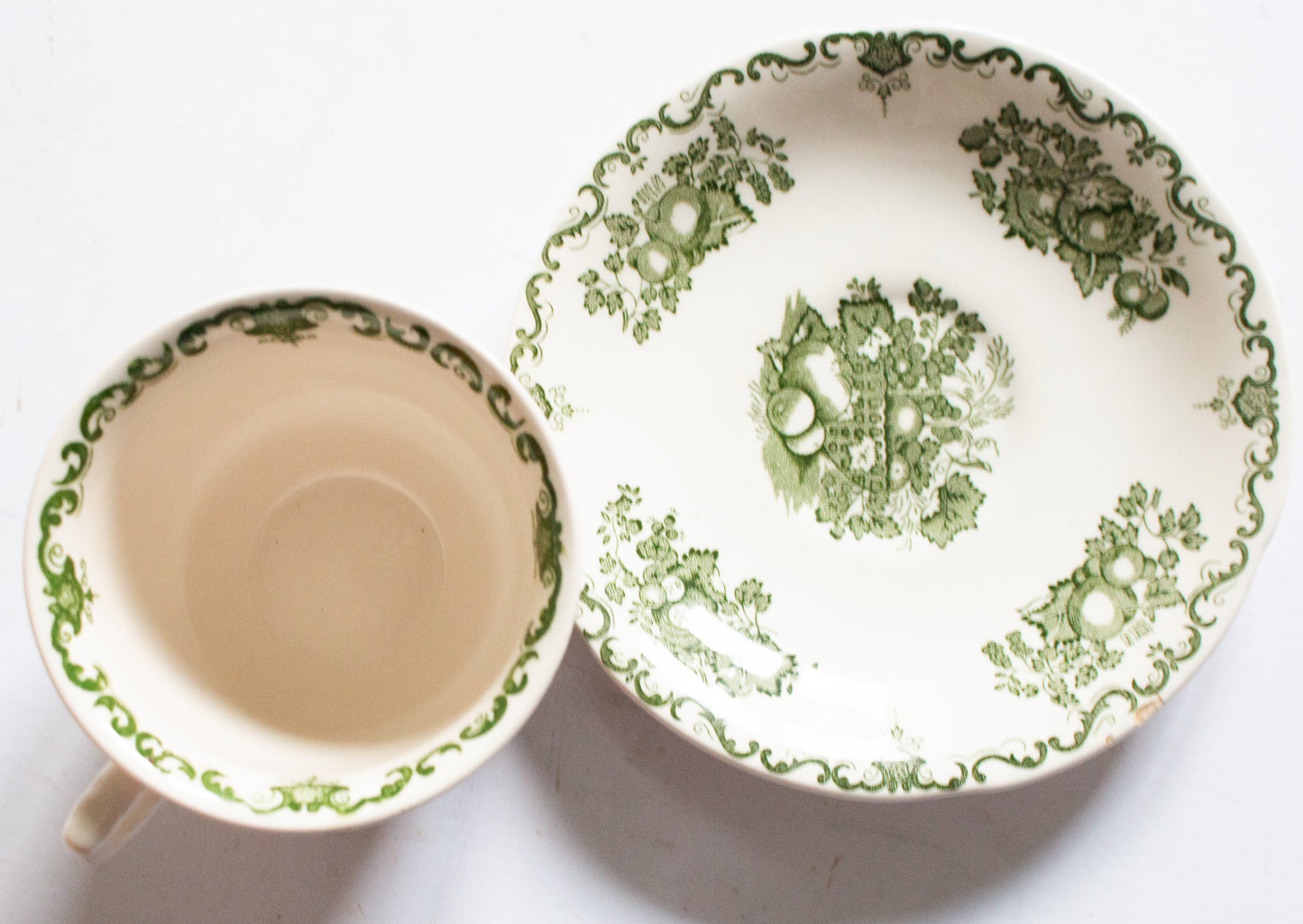 Masons Ironstone 'Fruit Basket' Pattern Green and White Transferware Teacup and Saucer