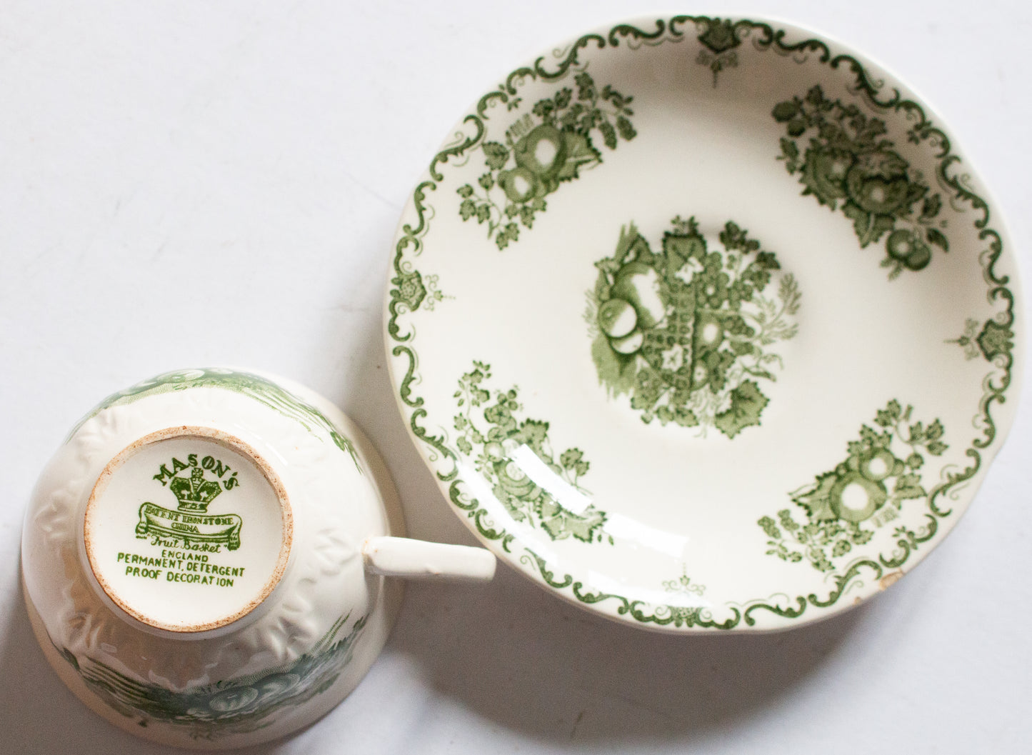 Masons Ironstone 'Fruit Basket' Pattern Green and White Transferware Teacup and Saucer