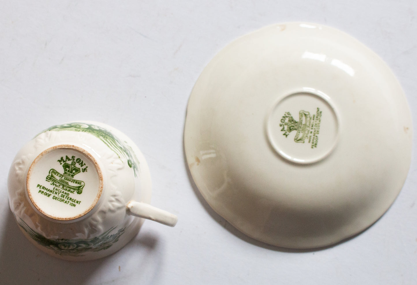 Masons Ironstone 'Fruit Basket' Pattern Green and White Transferware Teacup and Saucer