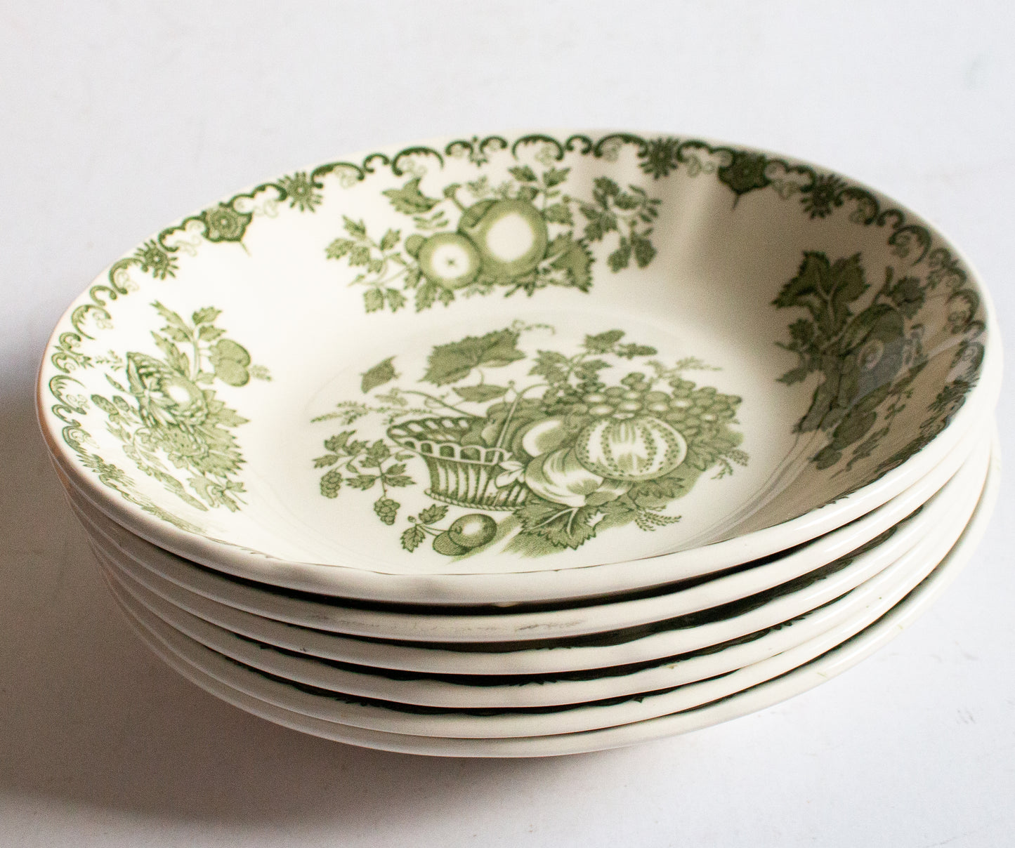 Masons Ironstone 'Fruit Basket' Pattern Green and White Transferware Soup Bowls (6)