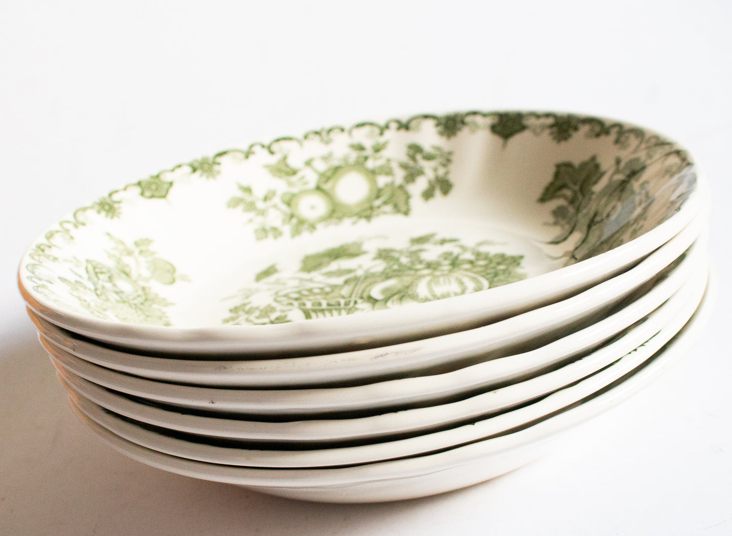 Masons Ironstone 'Fruit Basket' Pattern Green and White Transferware Soup Bowls (6)