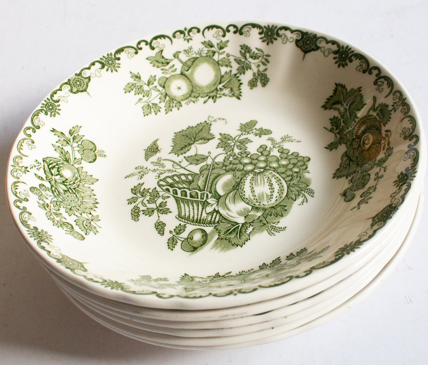 Masons Ironstone 'Fruit Basket' Pattern Green and White Transferware Soup Bowls (6)