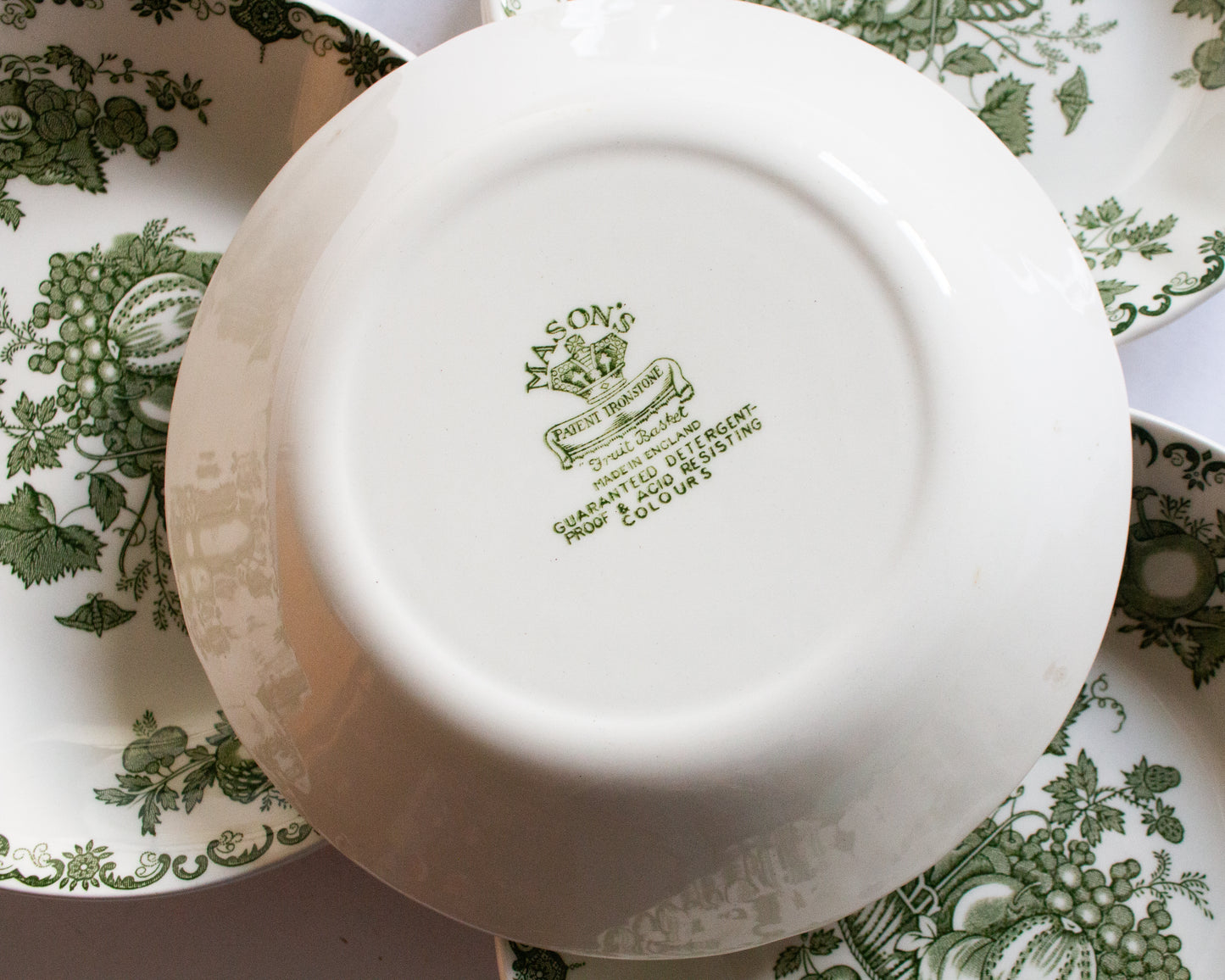 Masons Ironstone 'Fruit Basket' Pattern Green and White Transferware Soup Bowls (6)