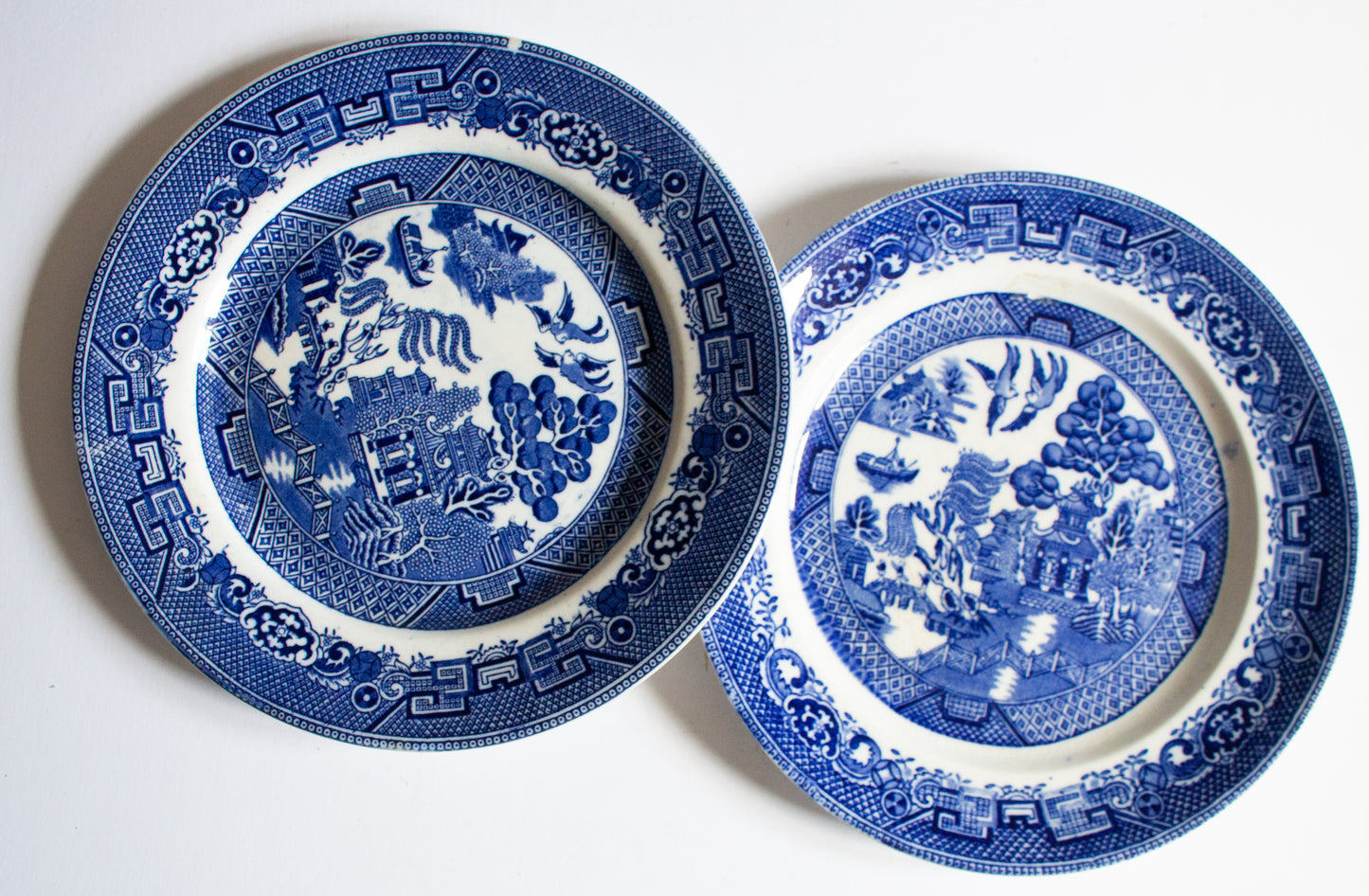 Antique Mismatched 'Willow' Pattern Blue and White Transferware 10" Plates (2)