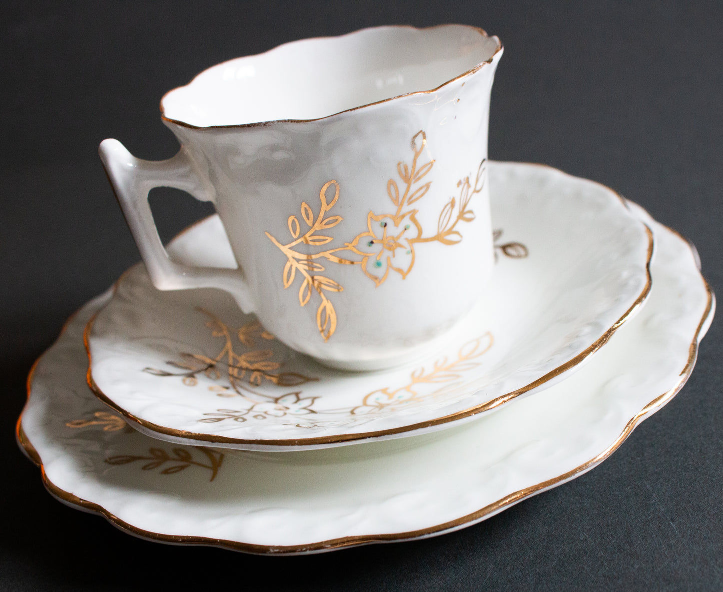 Vintage White and Gold Floral Teacup Trio