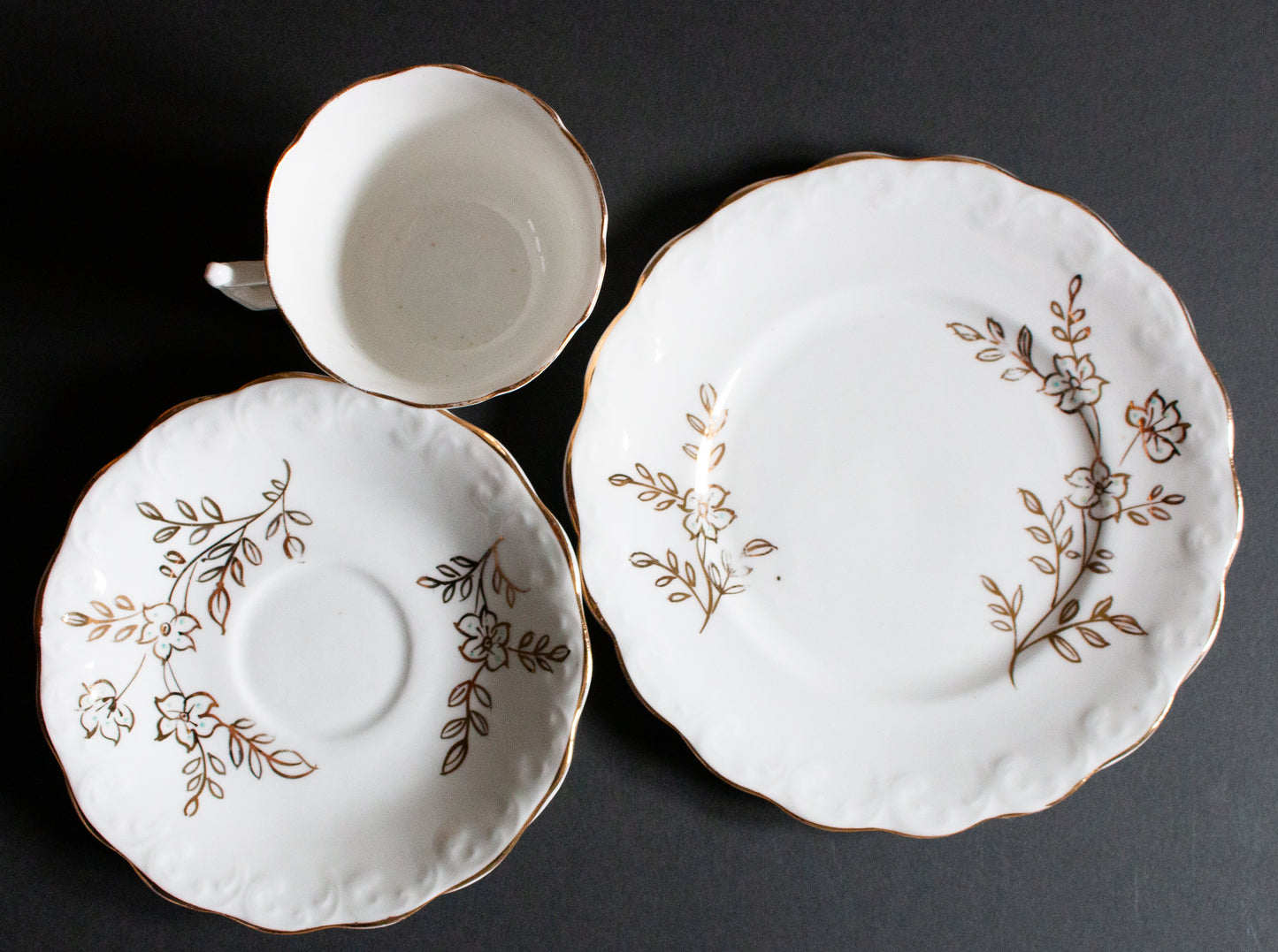 Vintage White and Gold Floral Teacup Trio