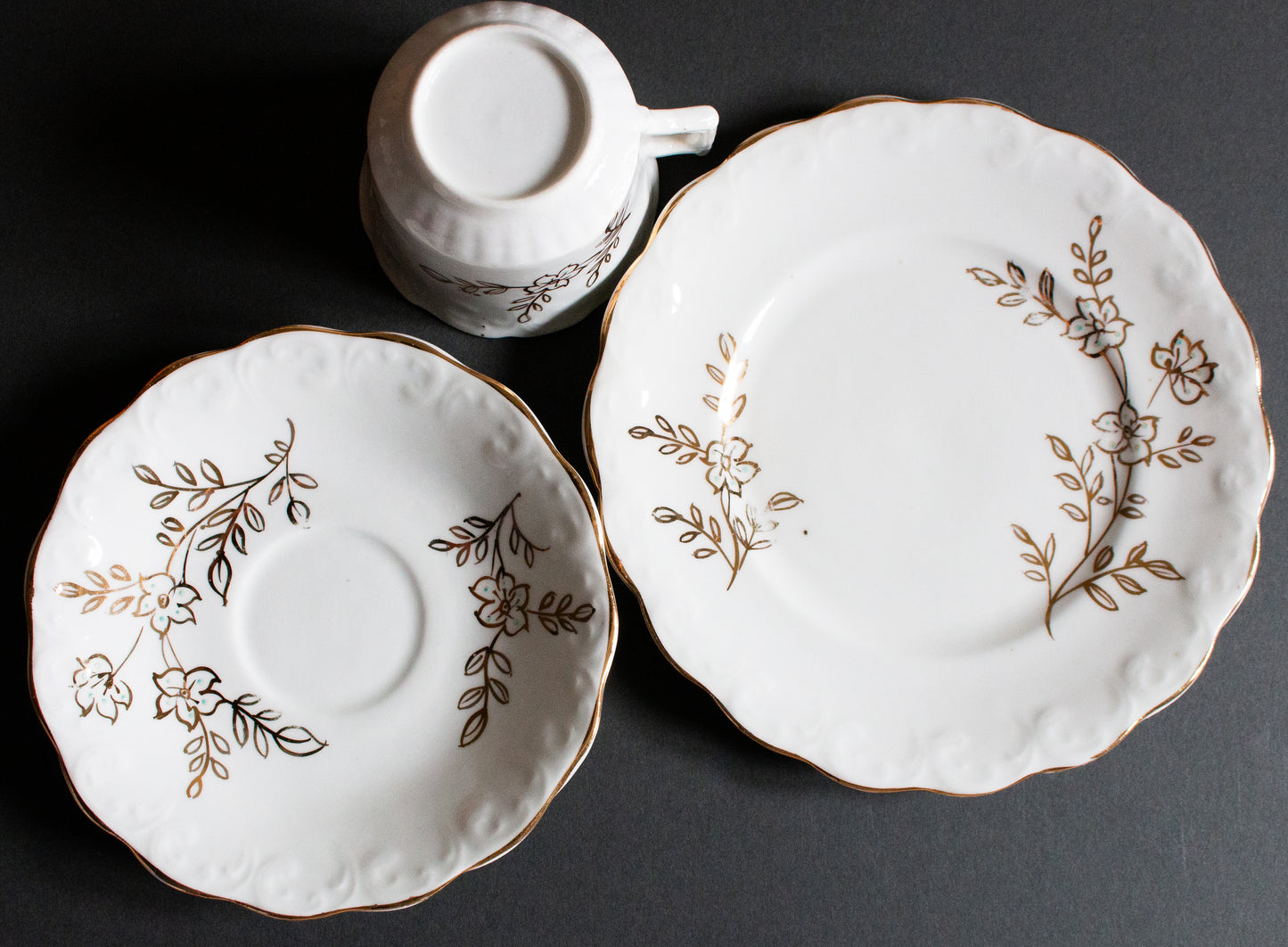 Vintage White and Gold Floral Teacup Trio