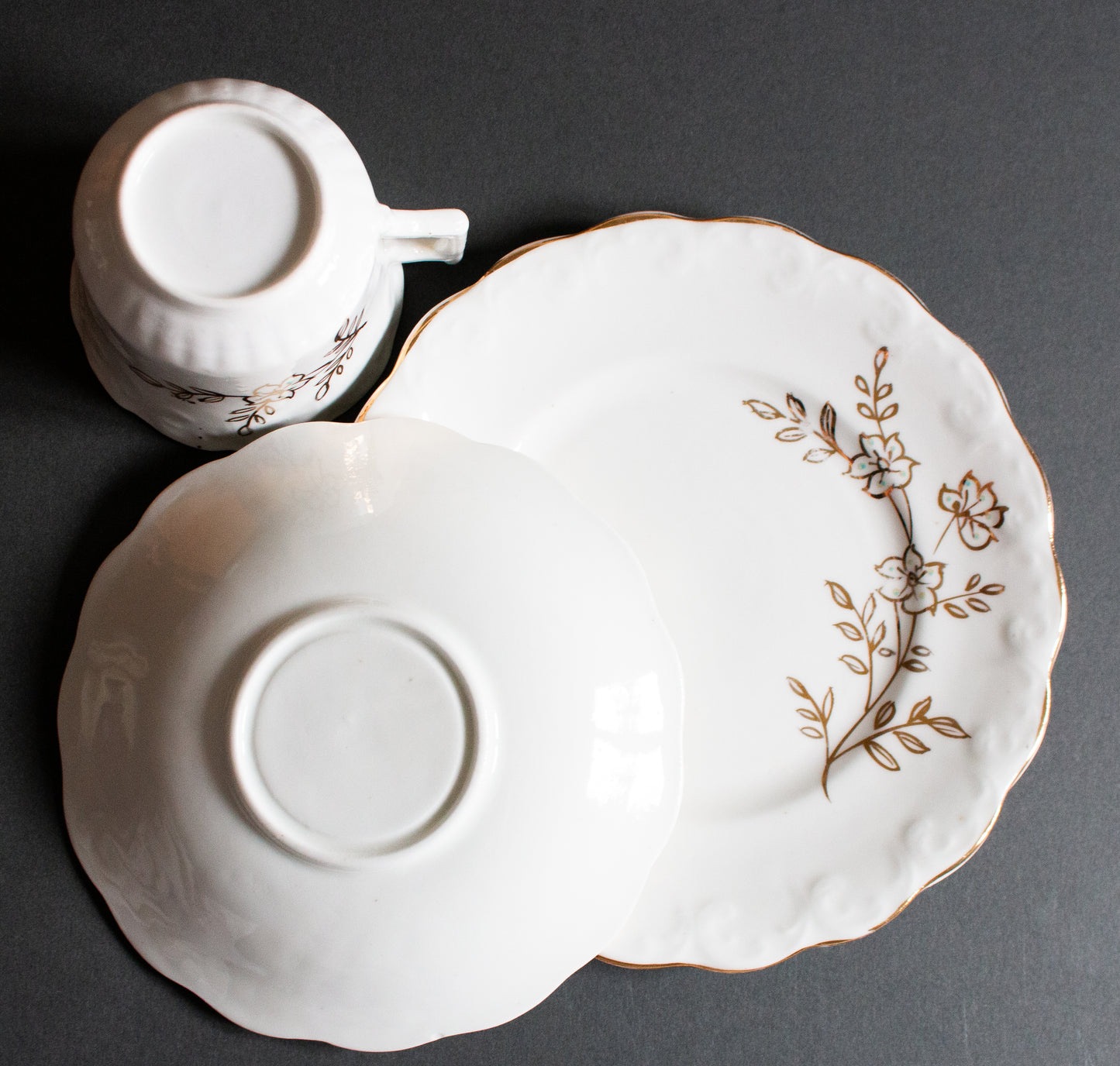 Vintage White and Gold Floral Teacup Trio