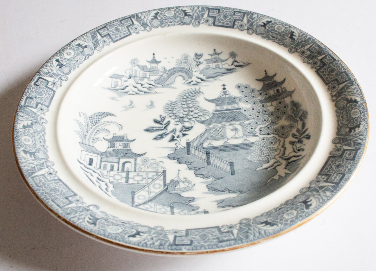 Antique Royal Worcester Willow Pattern Blue and White Transferware Tureen Base or Shallow Dish