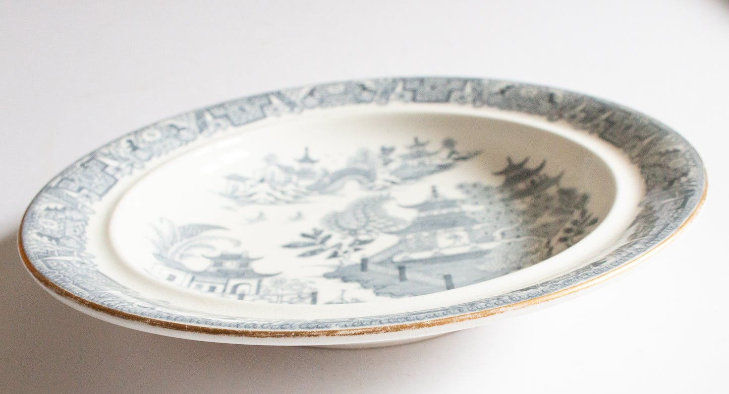 Antique Royal Worcester Willow Pattern Blue and White Transferware Tureen Base or Shallow Dish