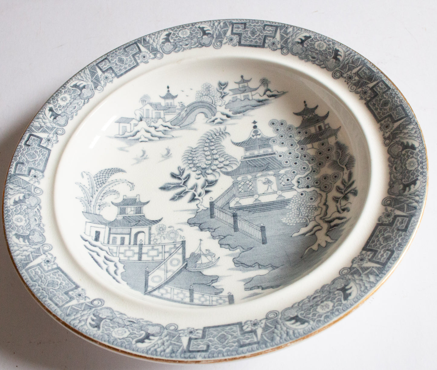 Antique Royal Worcester Willow Pattern Blue and White Transferware Tureen Base or Shallow Dish