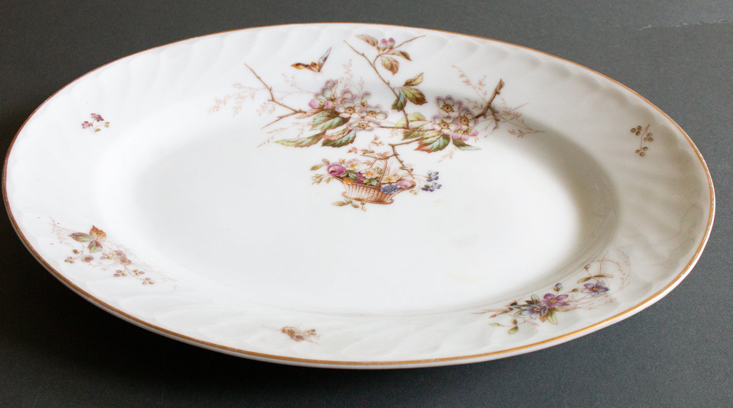 Antique Oval Serving Platter with Hand Painted Birds and Insects Detail