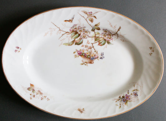 Antique Oval Serving Platter with Hand Painted Birds and Insects Detail