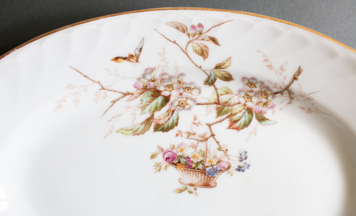 Antique Oval Serving Platter with Hand Painted Birds and Insects Detail